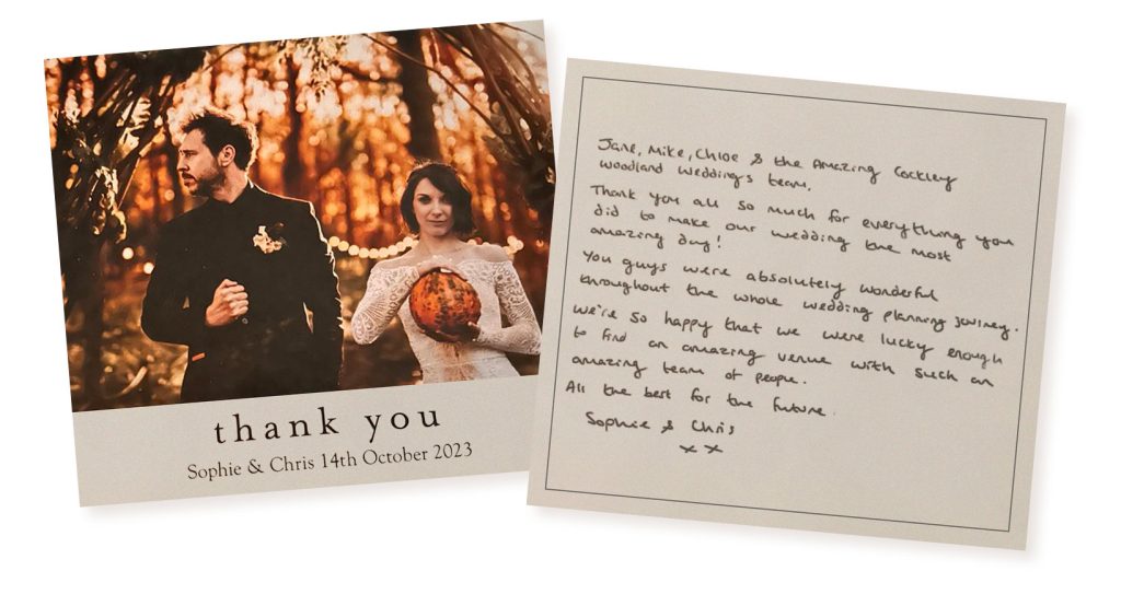Cockley Wood Weddings Sophie & Chris Card Testimonial